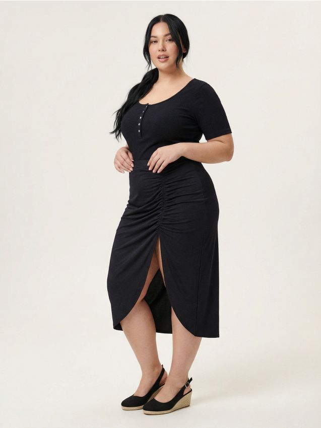Sinsay - Spódnica midi z marszczeniem i rozcięciem Plus Size - czarny