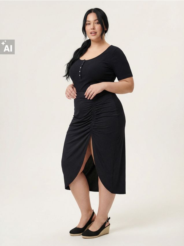 Sinsay - Fustă midi cu drapaj și despicătură Plus Size - negru