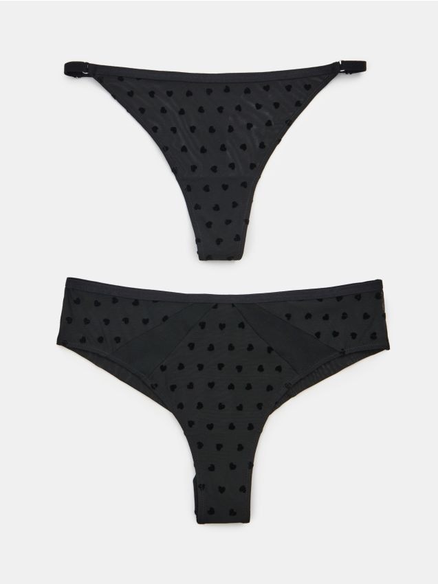 Sinsay - Majtki brazyliany i stringi w serca 2 pack - czarny