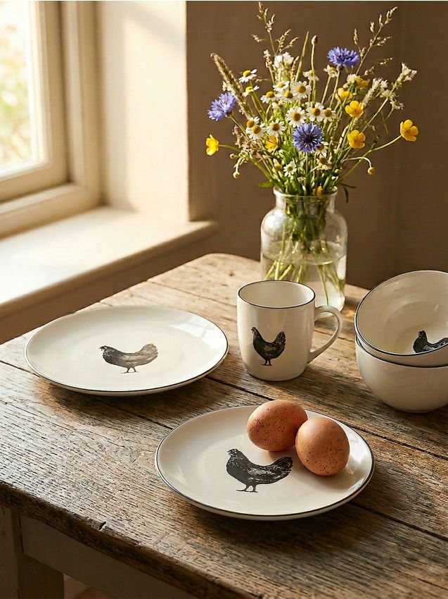 Sinsay - Set de farfurii ceramice cu motiv de găină 2-pack - negru