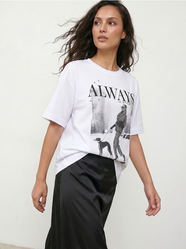 Sinsay - Tricou din bumbac cu strasuri decorative și imprimeu - alb