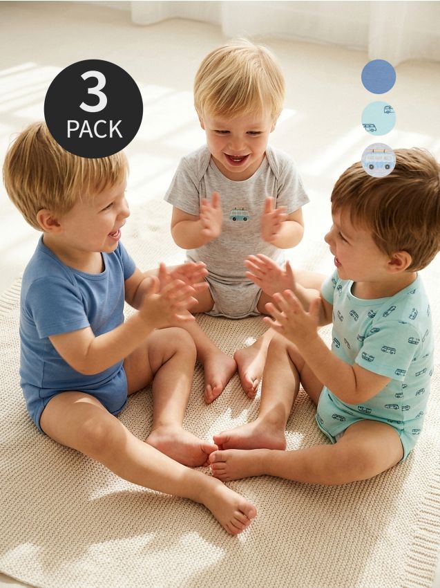 Sinsay - Body din bumbac cu imprimeu vehicule 3 pack - turcoaz-pal