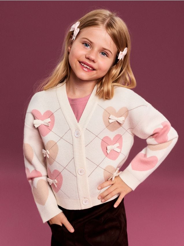Sinsay - Cardigan oversized cu inimioare și fundițe - crem