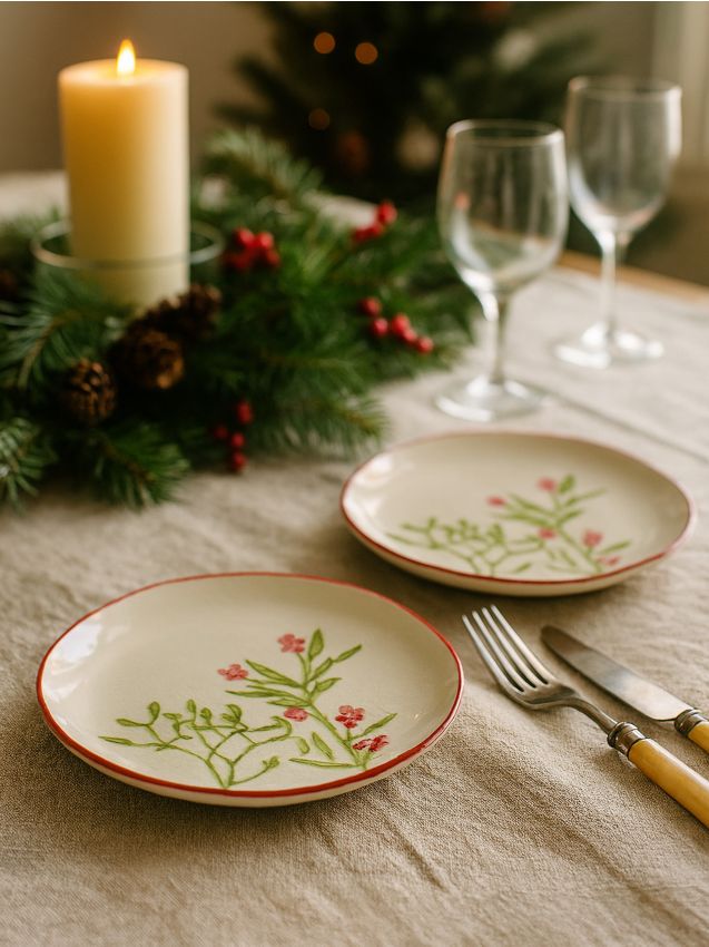 Sinsay - Sada 2 vianočných tanierov s rastlinným motívom - viacfarebná Sinsay - Sada 2 vianočných tanierov s rastlinným motívom - viacfarebná