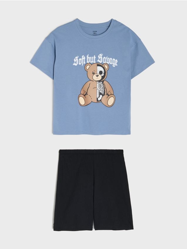 Sinsay - Pijamale din bumbac în două piese cu motiv de urs - light blue