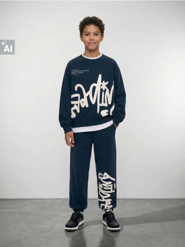 Sinsay - Hanorac crewneck loose cu imprimeu - bleumarin