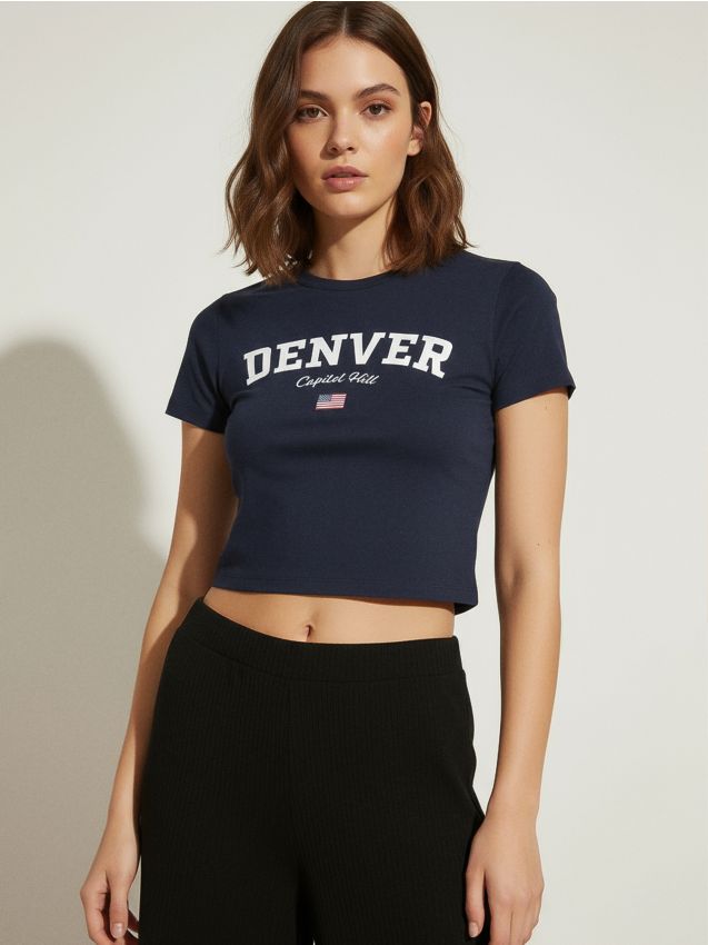 Sinsay - Tricou scurt cu text - indigo