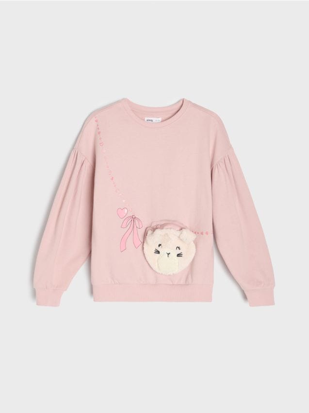 Sinsay - Bluză crewneck din bumbac cu aplicație în formă de ursuleț - roz-pudră