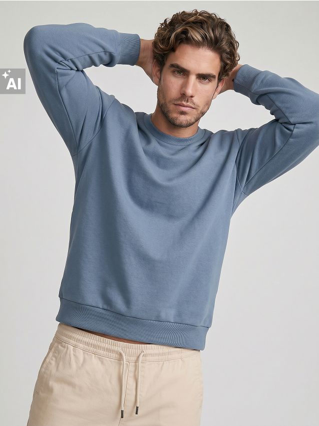 Sinsay - Bluză basic crewneck cu amestec de bumbac - albastru