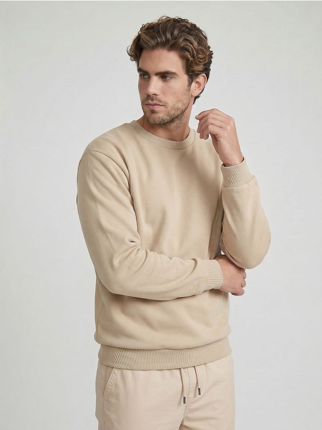 Sinsay - Bluză basic crewneck cu amestec de bumbac - bej