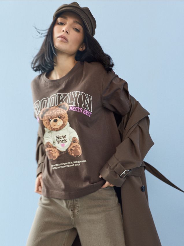 Sinsay - Tricou din bumbac cu imprimeu cu ursuleț - maro