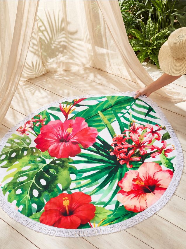 Sinsay - Saltea rotundă de plajă cu franjuri și model tropical - multicolor