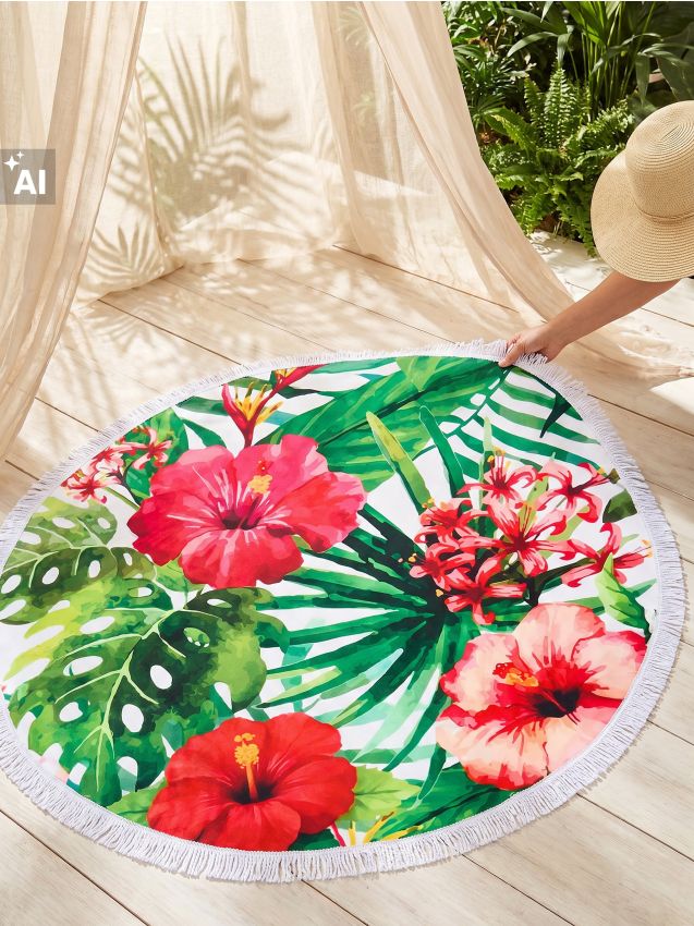 Sinsay - Saltea rotundă de plajă cu franjuri și model tropical - multicolor