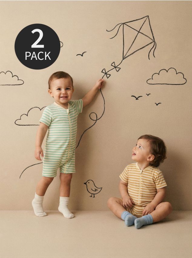 Sinsay - Salopete din bumbac în dungi cu aplicații animale set 2 bucăți - crem