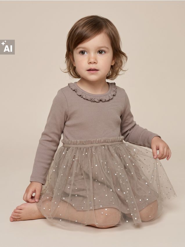 Sinsay - Rochie din bumbac cu tul și volane - gri-maroniu
