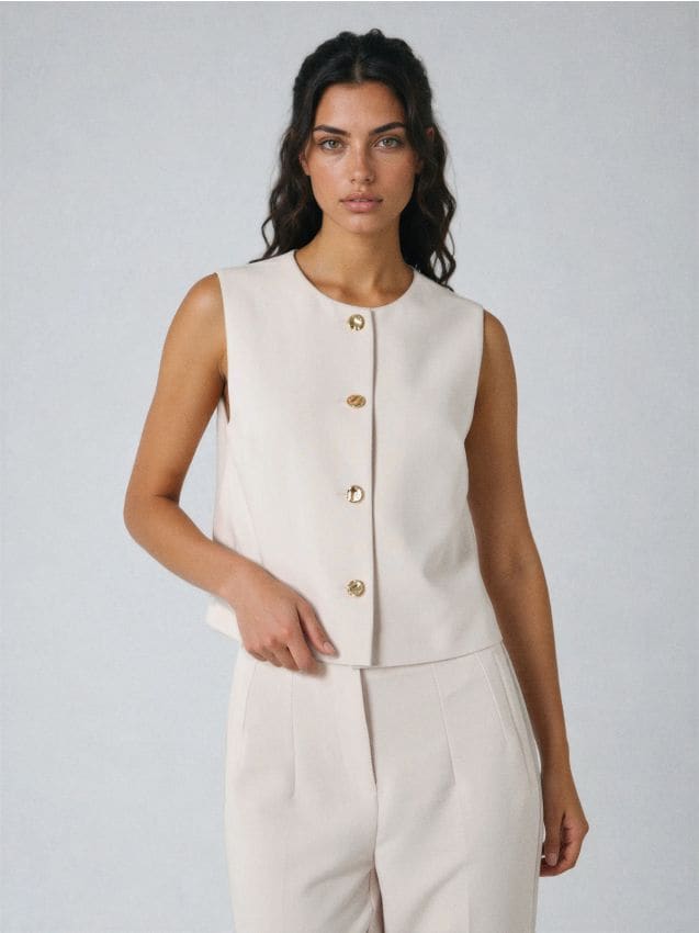 Sinsay - Kamizelka garniturowa z ozdobnymi guzikami z domieszką wiskozy - kremowy