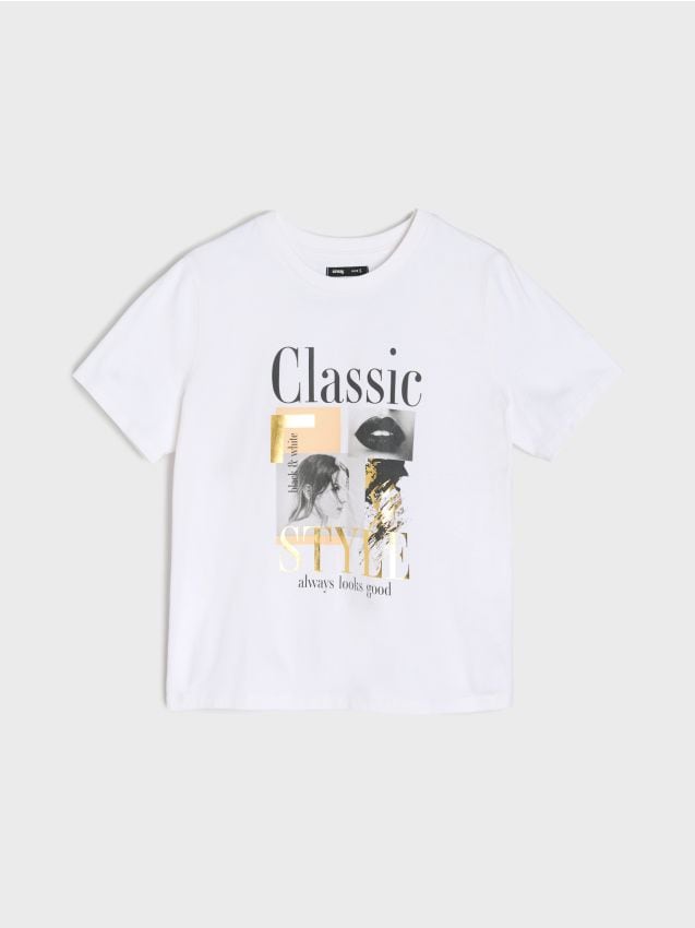 Sinsay - Tricou cu imprimeu metalic - crem