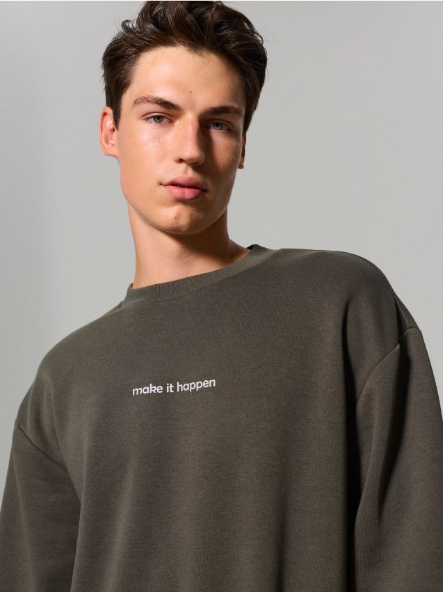 Sinsay - Bluză crewneck cu inscripție - kaki