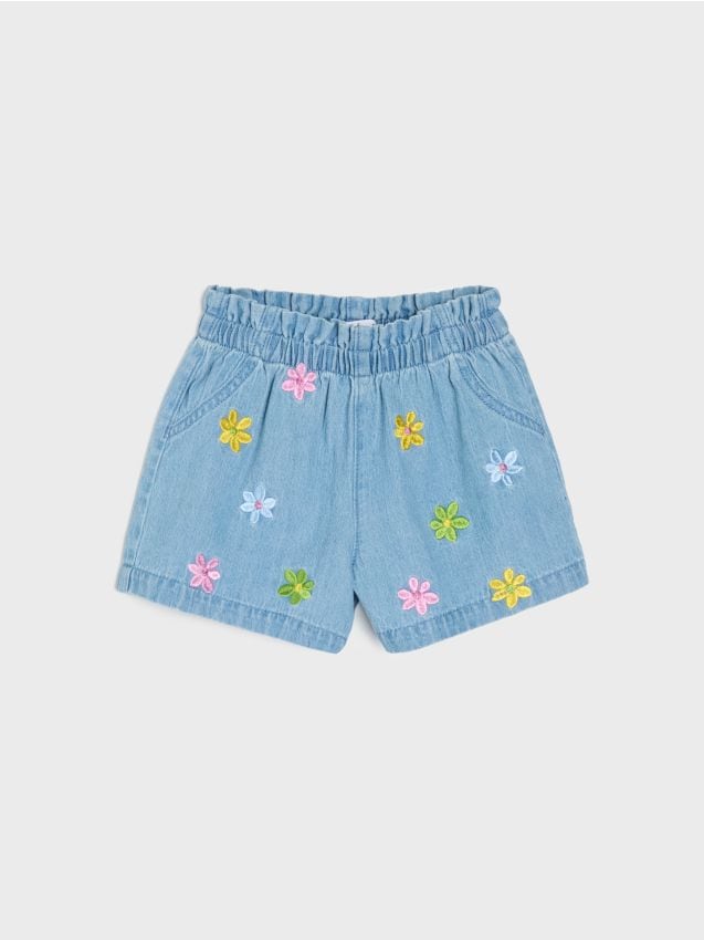 Sinsay - Szorty jeansowe z haftowanymi kwiatkami - niebieski