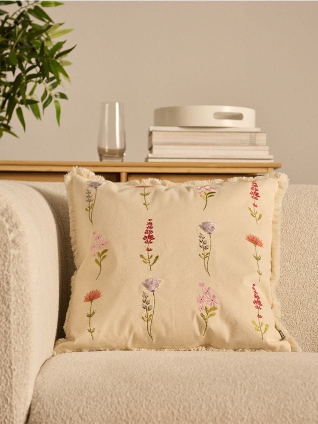 Sinsay - Față de pernă cu broderie florală - crem