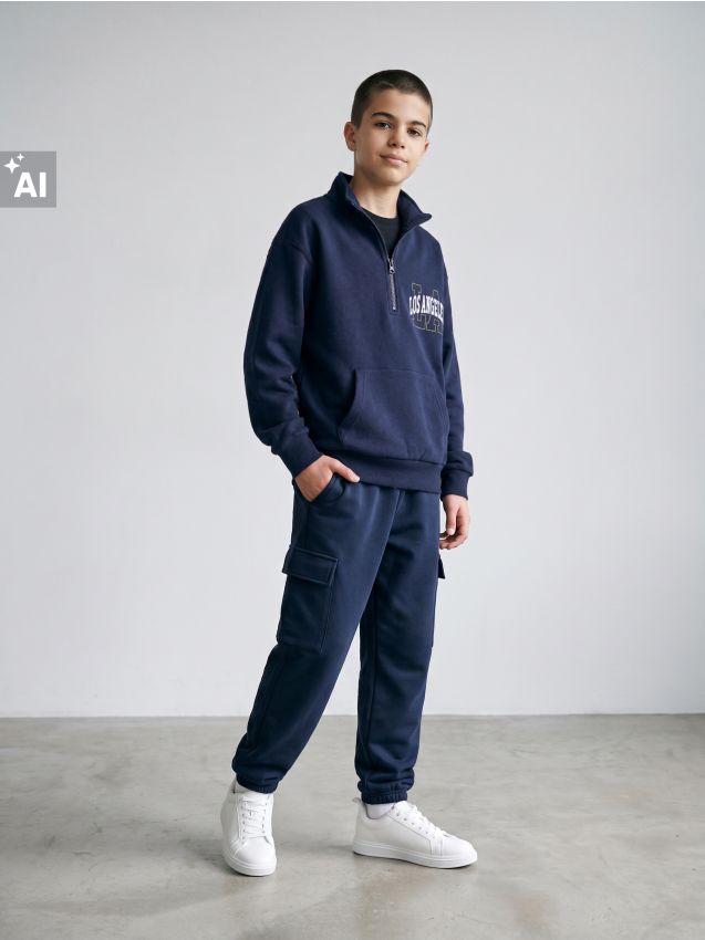 Sinsay - Bluză sport half-zip cu inscripție Los Angeles - bleumarin