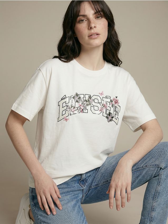 Sinsay - Tricou din bumbac cu imprimeu și aplicații cu paiete - crem