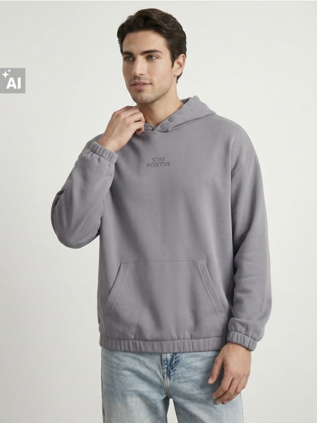 Sinsay - Hanorac tip hoodie cu inscripție Stay Positive - gri deschis