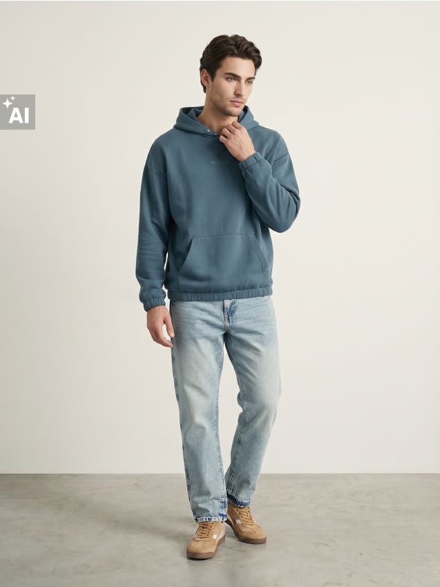 Sinsay - Hanorac tip hoodie cu inscripție Stay Positive - indigo
