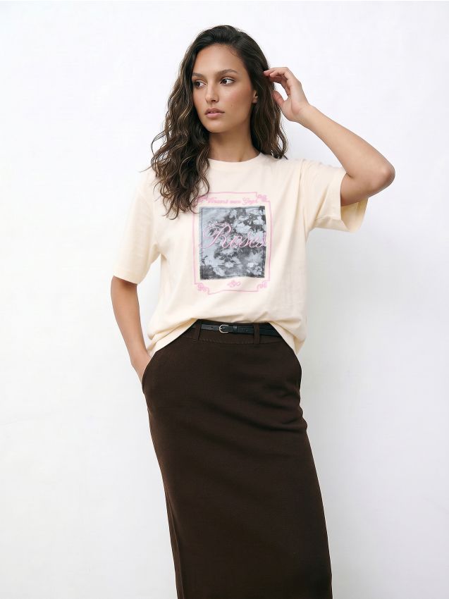 Sinsay - Tricou din bumbac cu text brodat - crem