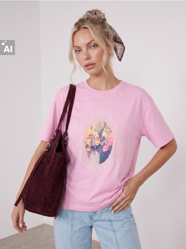 Sinsay - Tricou din bumbac cu model floral - roz-pastel