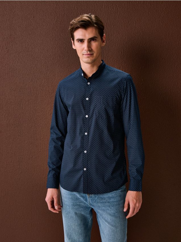 Sinsay - Cămașă cu mânecă lungă cu model - bleumarin