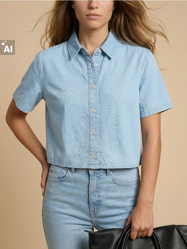 Sinsay - Cămașă din denim cu mânecă scurtă și strasuri - albastru