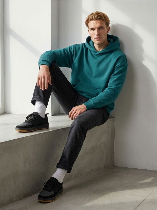 Sinsay - Bluza hoodie comfort z haftem - ciemny turkus
