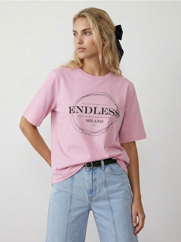 Sinsay - Tricou din bumbac cu strasuri decorative și imprimeu - roz-pastel