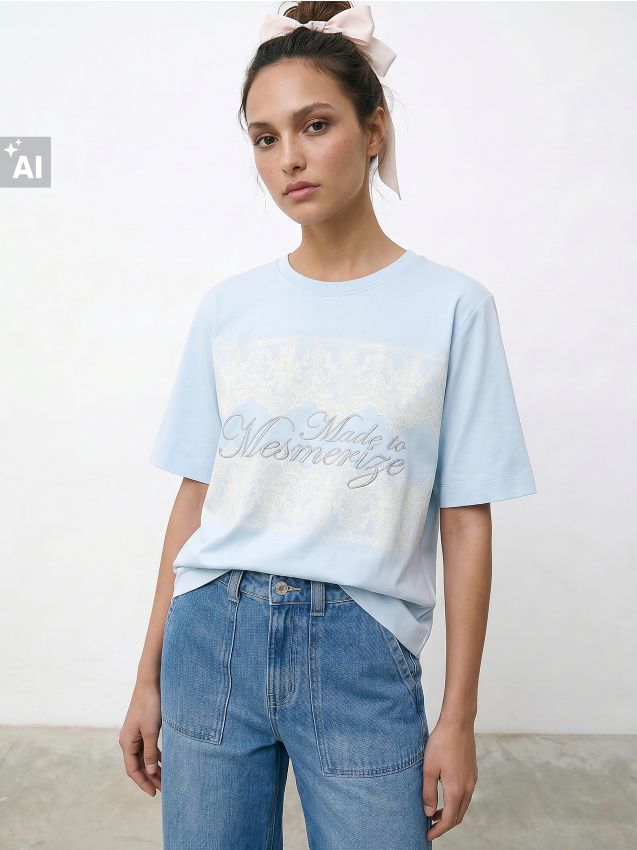 Sinsay - Tricou din bumbac cu aplicație din dantelă și imprimeu brodat - albastru-pal