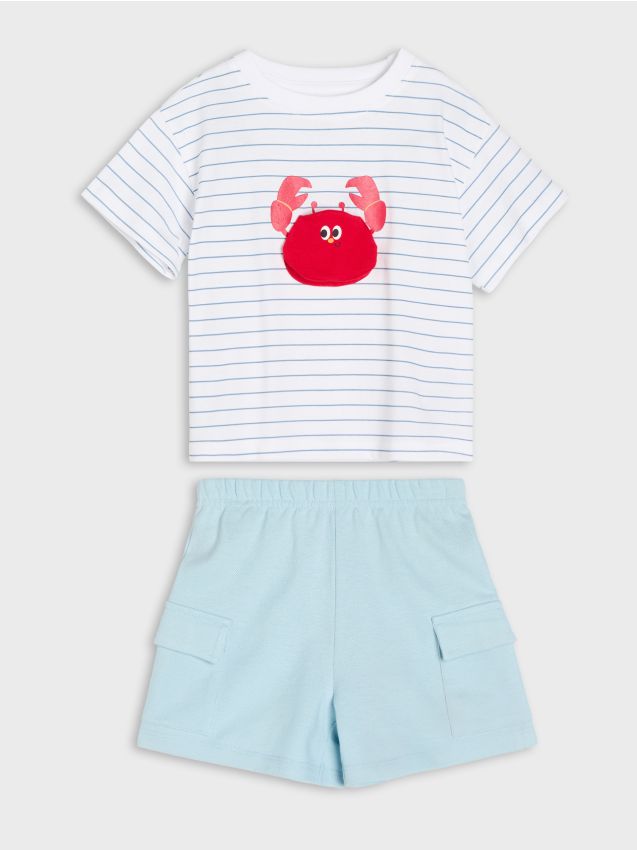 Sinsay - Bawełniany komplet: koszulka i szorty - kremowy