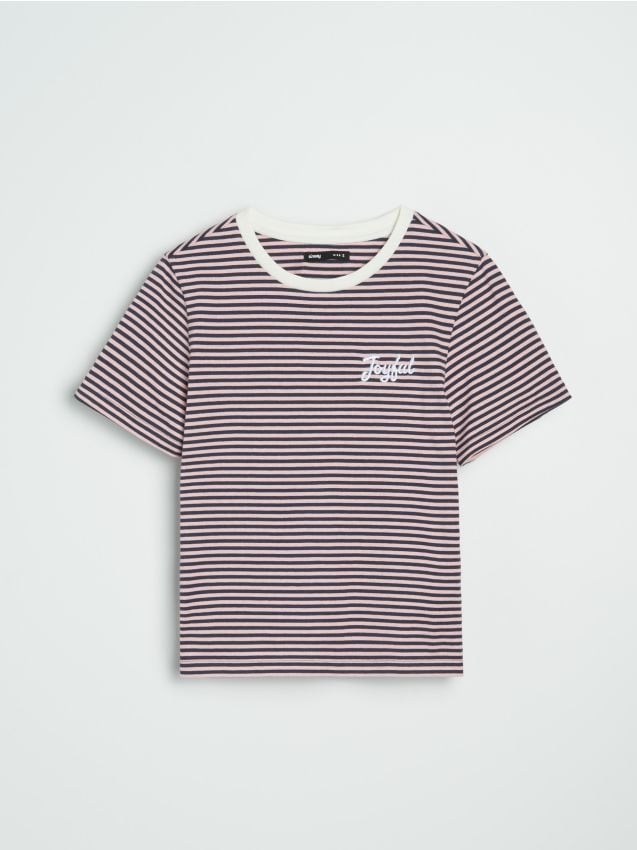 Sinsay - Koszulka w paski z haftowanym napisem - wielobarwny