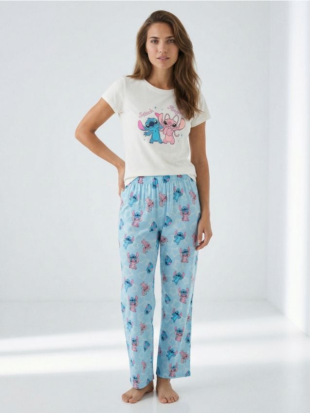 Sinsay - Bawełniana piżama dwuczęściowa z nadrukiem Stitch - kremowy