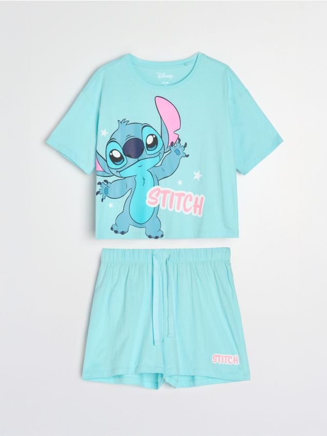 Sinsay - Pijama din bumbac în două piese cu imprimeu Stitch - verde-pal