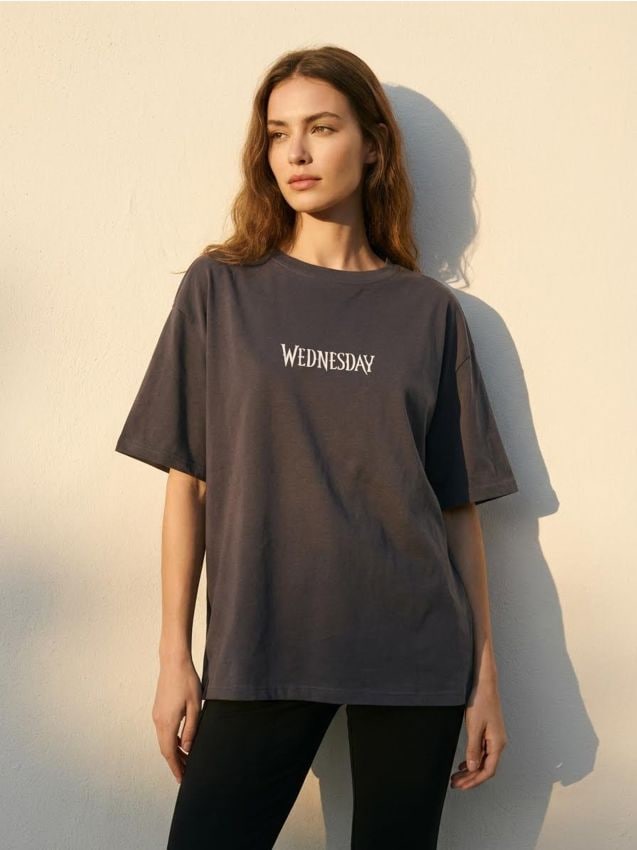 Sinsay - Tricou din bumbac cu imprimeu Wednesday - gri-închis