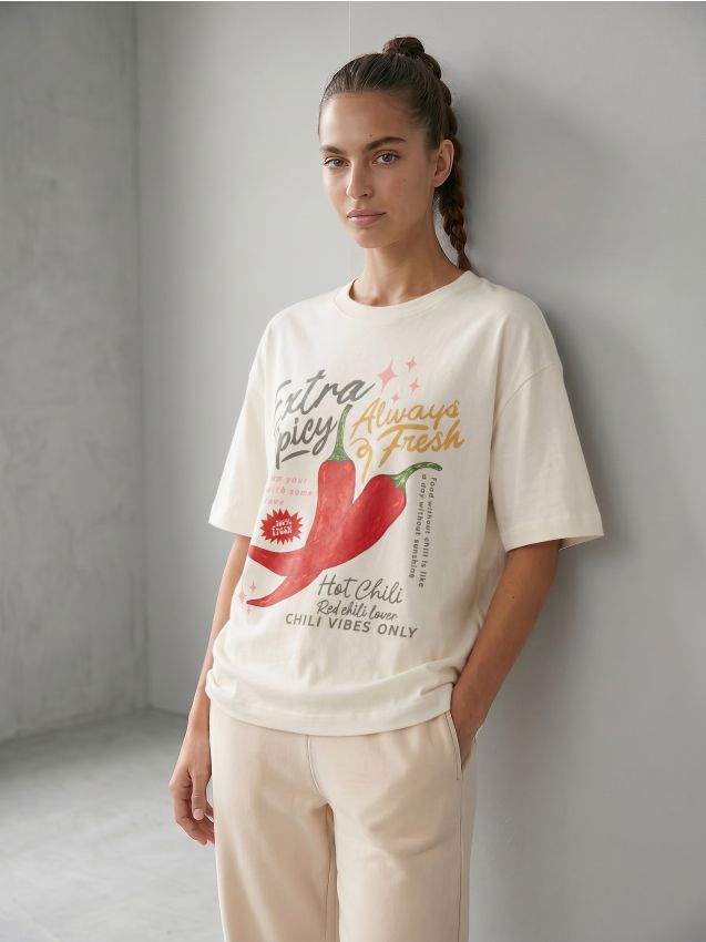 Sinsay - Tricou din bumbac cu imprimeu chilli - crem