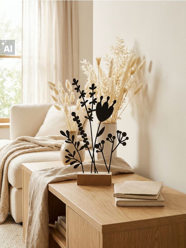 Sinsay - Decorațiune metalică cu motiv floral pe bază din lemn - negru