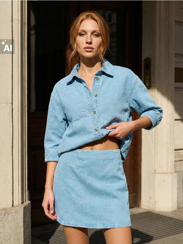 Sinsay - Fustă mini din denim cu flori brodate - albastru