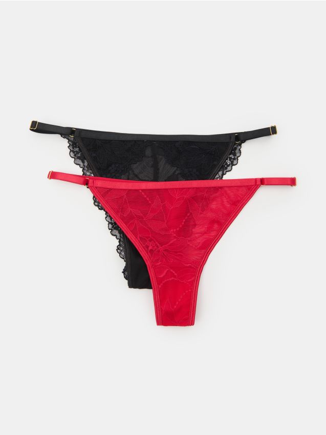Sinsay - Koronkowy zestaw majtek 2-pack: stringi i brazyliany - czerwony