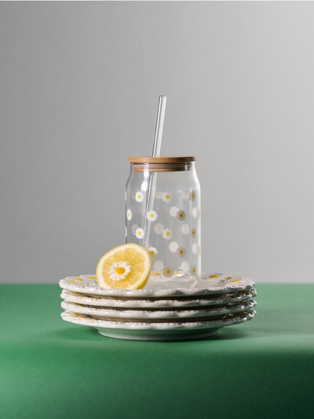 Sinsay - Cană cu capac și pai cu model floral - multicolor