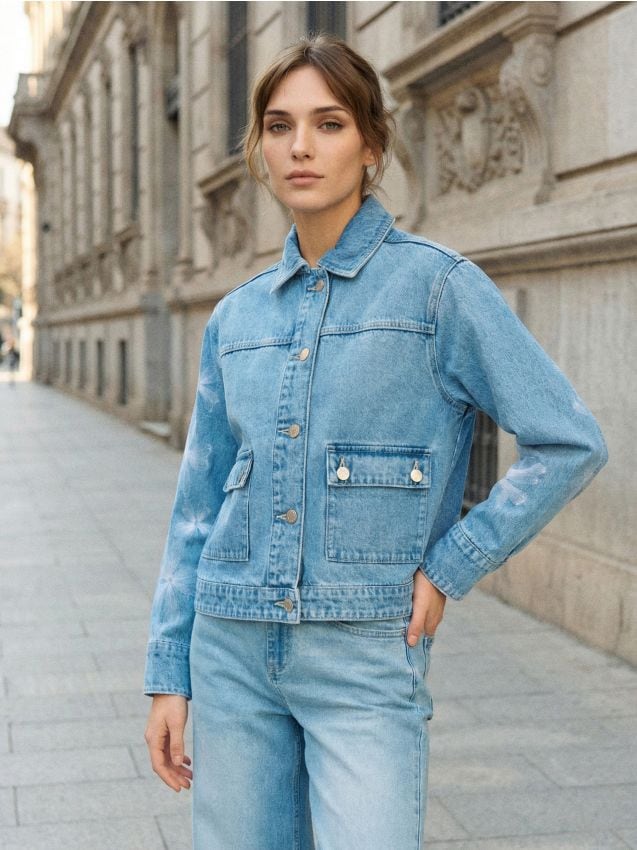 Sinsay - Jachetă din denim cu flori brodate - albastru