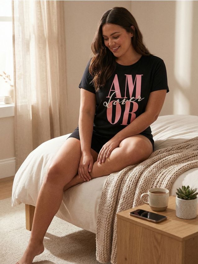 Sinsay - Pijama din bumbac în două piese cu imprimeu - negru