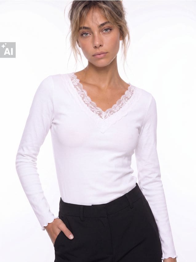 Sinsay - Tricou din bumbac cu aplicație din dantelă - alb