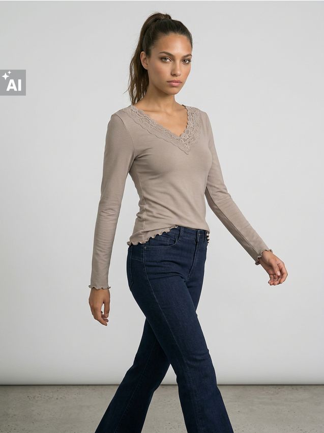 Sinsay - Tricou din bumbac cu aplicație din dantelă - cafeniu
