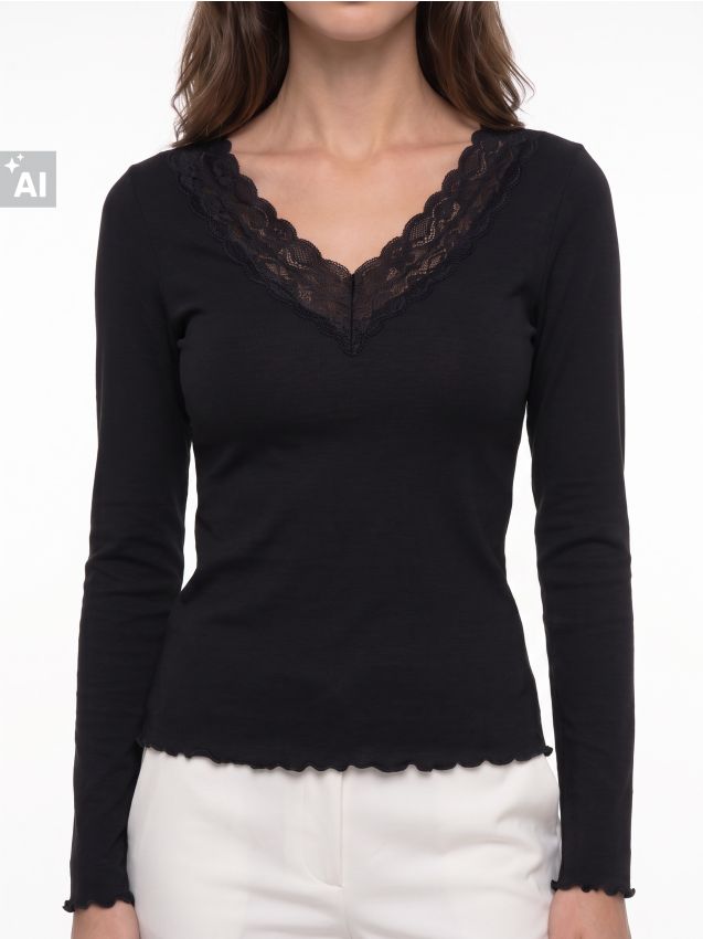 Sinsay - Tricou din bumbac cu aplicație din dantelă - negru